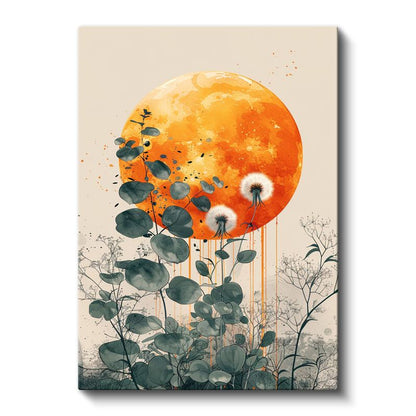 Karahindiba ve Ay - Turuncu Dolunay Fonlu Botanik Kanvas Tablo