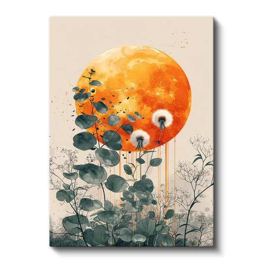 Karahindiba ve Ay - Turuncu Dolunay Fonlu Botanik Kanvas Tablo