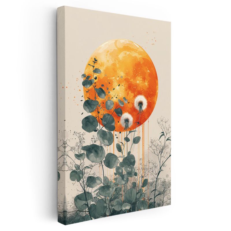Karahindiba ve Ay - Turuncu Dolunay Fonlu Botanik Kanvas Tablo