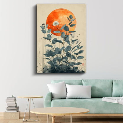 Okaliptus Dalları - Turuncu Güneş Fonlu Modern Botanik Kanvas Tablo