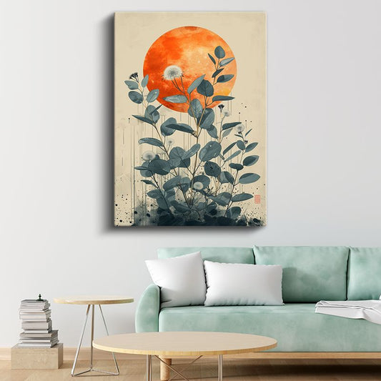 Okaliptus Dalları - Turuncu Güneş Fonlu Modern Botanik Kanvas Tablo