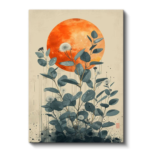 Okaliptus Dalları - Turuncu Güneş Fonlu Modern Botanik Kanvas Tablo