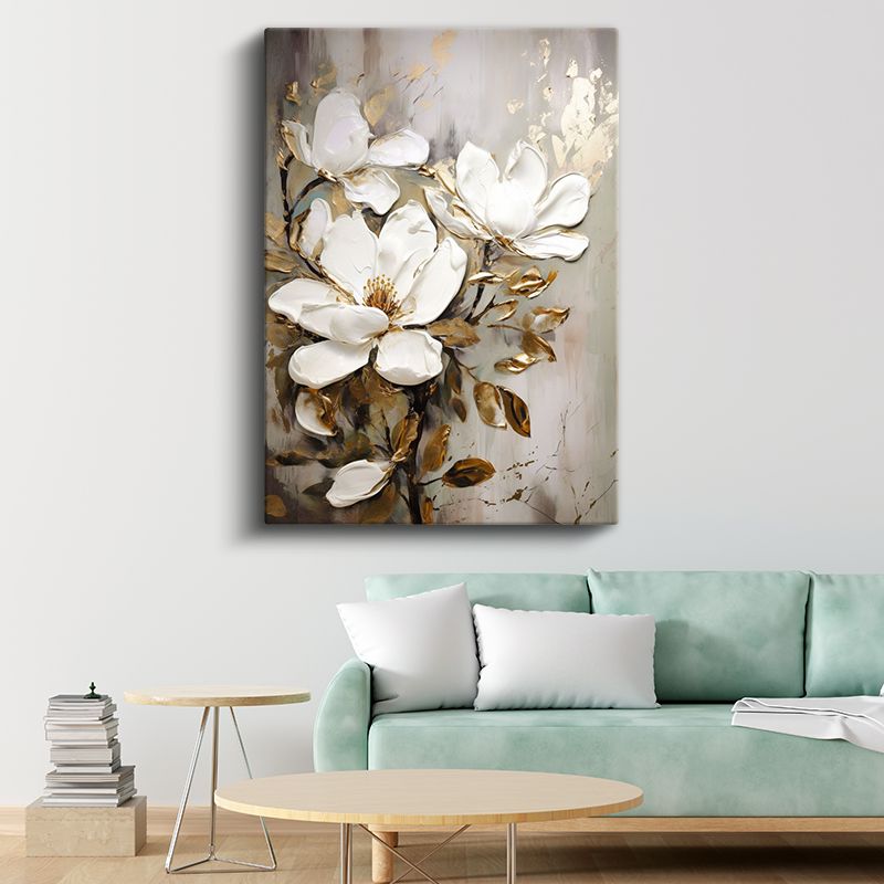 Zarif Manolyalar - Altın Yapraklı Beyaz Çiçek Kompozisyonu Kanvas Tablo