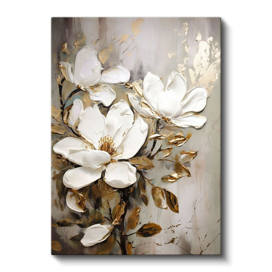 Zarif Manolyalar - Altın Yapraklı Beyaz Çiçek Kompozisyonu Kanvas Tablo