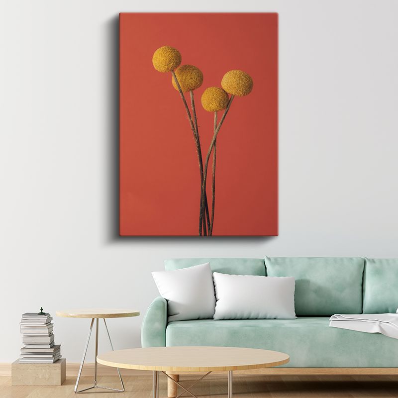Altın Craspedia - Turuncu Arka Planda Sarı Top Çiçekler Kanvas Tablo