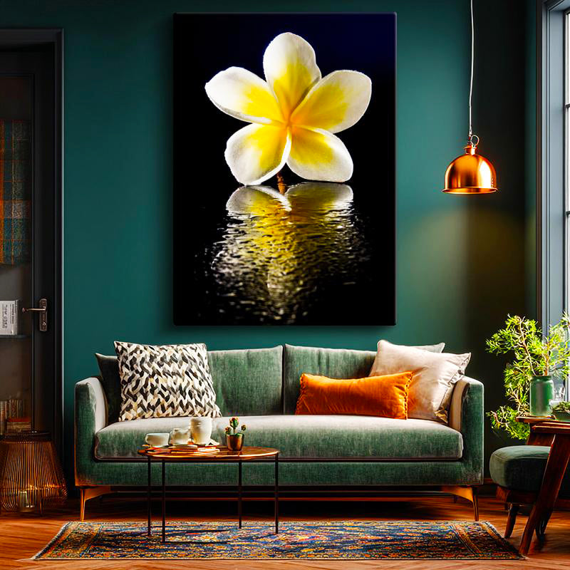 Dikey Kanvas Tablo Sarı Beyaz Plumeria Yansıma Çiçek Tablosu Ev Ofis Duvar Dekoru