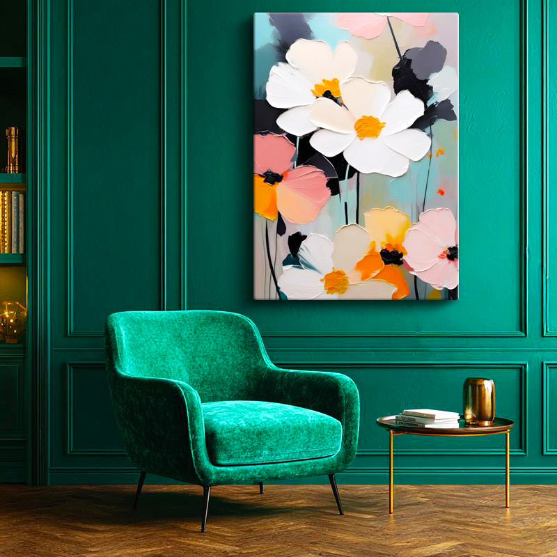 Dikey Kanvas Tablo Kabartma Görünümlü Boya Efektli Çiçek Tablosu Ev Ofis Duvar Dekoru