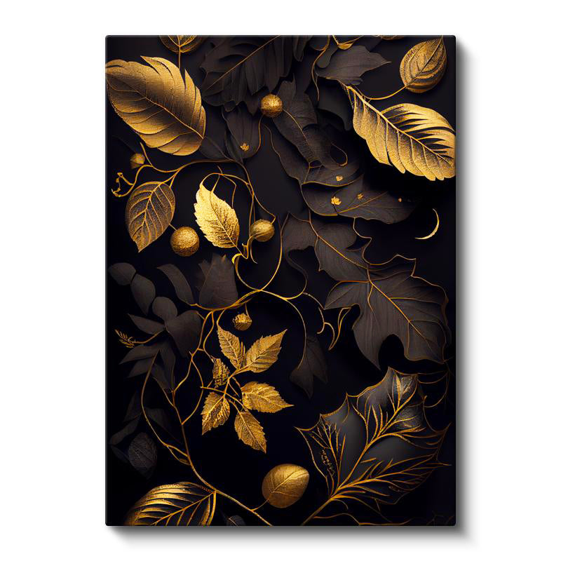 Dikey Kanvas Tablo Altın Yaldız Görünümlü Yapraklar Çiçek Tablosu Ev Ofis Duvar Dekoru