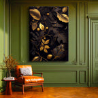 Dikey Kanvas Tablo Altın Yaldız Görünümlü Yapraklar Çiçek Tablosu Ev Ofis Duvar Dekoru