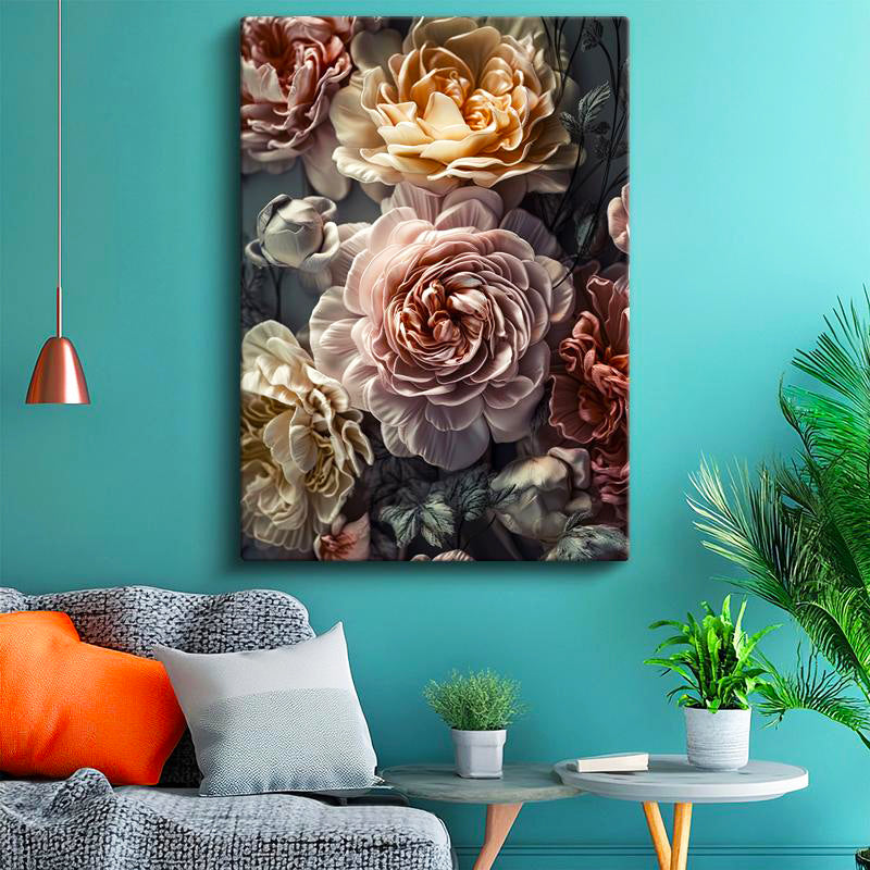 Dikey Kanvas Tablo Kat Kat Yapraklı Pastel Çiçekler Çiçek Tablosu Ev Ofis Duvar Dekoru