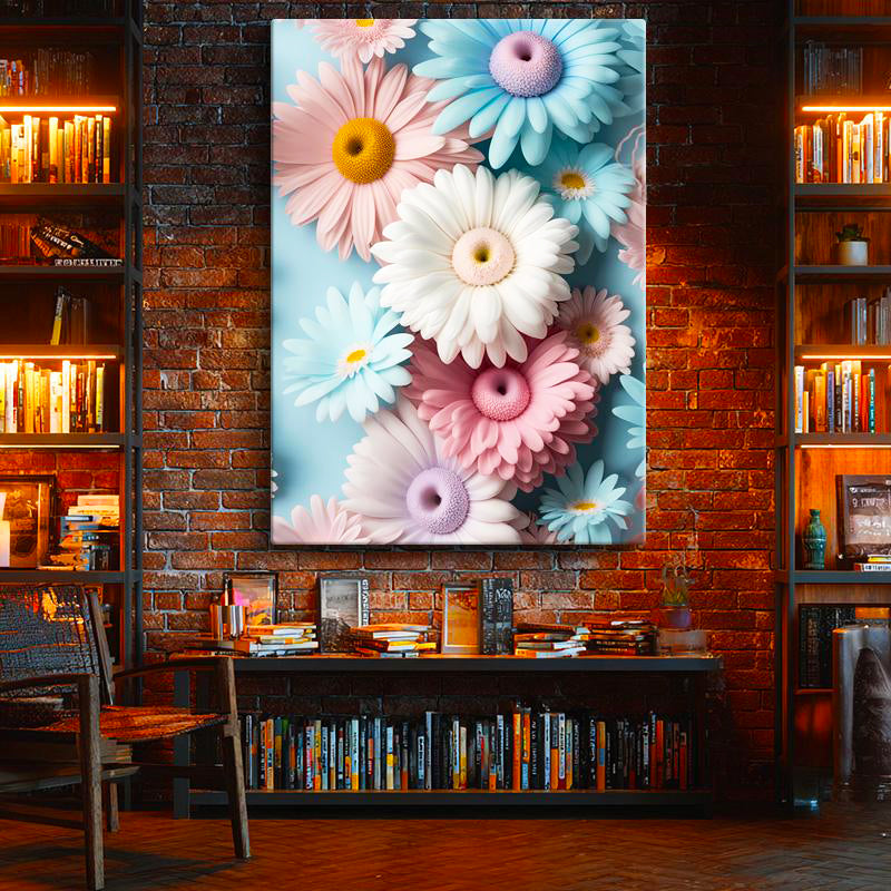 Dikey Kanvas Tablo Pastel Tonlu Renkli Papatyalar Çiçek Tablosu Ev Ofis Duvar Dekoru