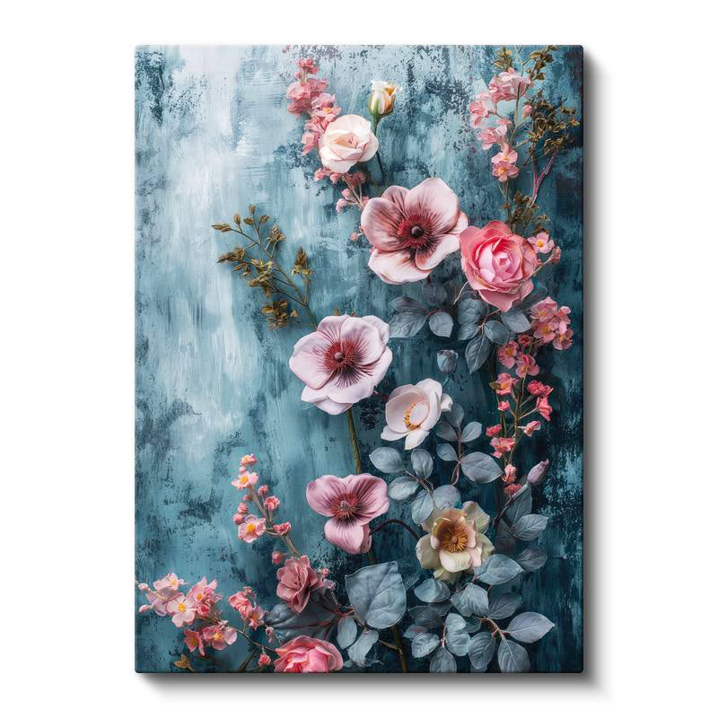 Dikey Kanvas Tablo Mavi Dokulu Pembe Yaban Gülü Çiçek Tablosu Ev Ofis Duvar Dekoru