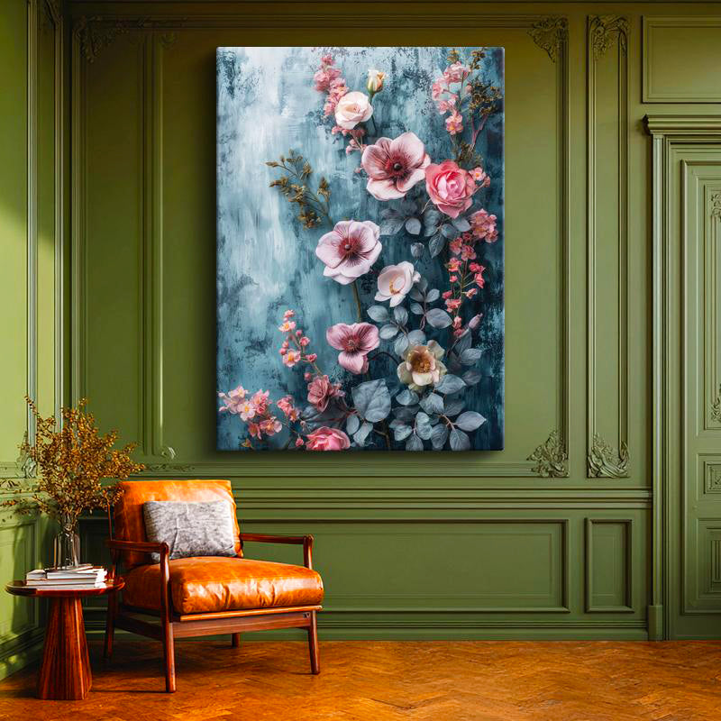 Dikey Kanvas Tablo Mavi Dokulu Pembe Yaban Gülü Çiçek Tablosu Ev Ofis Duvar Dekoru