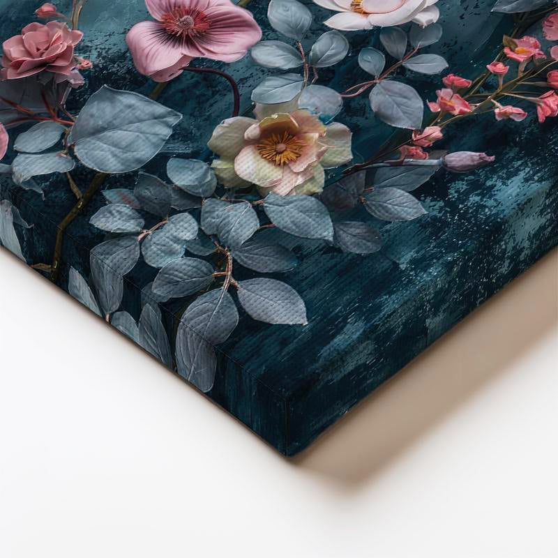 Dikey Kanvas Tablo Mavi Dokulu Pembe Yaban Gülü Çiçek Tablosu Ev Ofis Duvar Dekoru