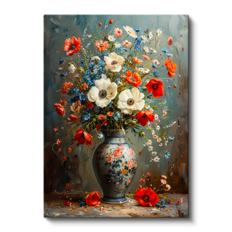Dikey Kanvas Tablo Porselen Vazoda Kır Çiçekleri Çiçek Tablosu Ev Ofis Duvar Dekoru