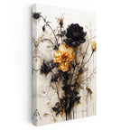 Dikey Kanvas Tablo Siyah Yapraklı Sarı Botanik Çiçek Tablosu Ev Ofis Duvar Dekoru