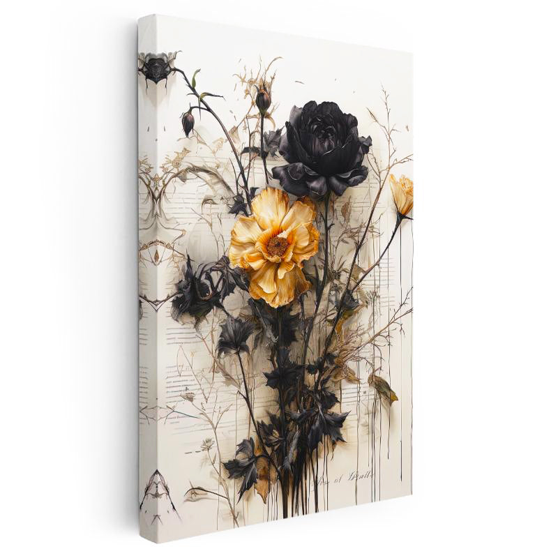 Dikey Kanvas Tablo Siyah Yapraklı Sarı Botanik Çiçek Tablosu Ev Ofis Duvar Dekoru