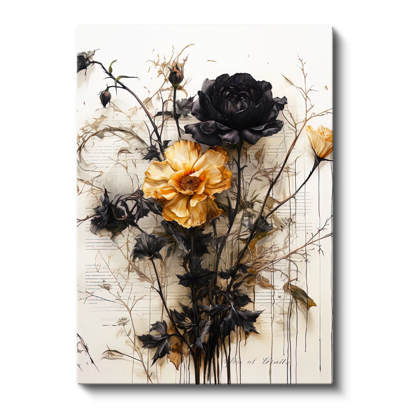 Dikey Kanvas Tablo Siyah Yapraklı Sarı Botanik Çiçek Tablosu Ev Ofis Duvar Dekoru