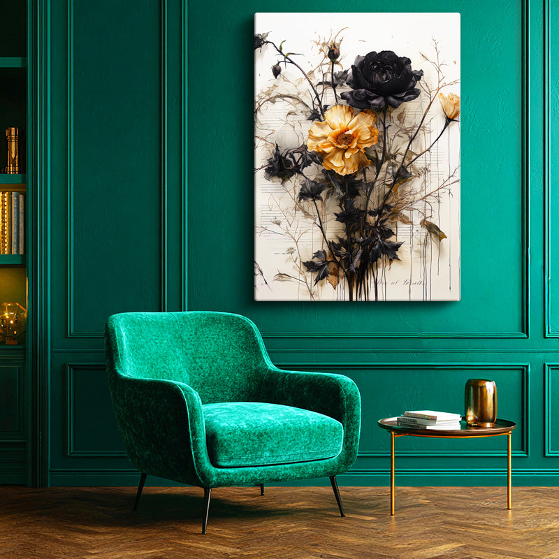 Dikey Kanvas Tablo Siyah Yapraklı Sarı Botanik Çiçek Tablosu Ev Ofis Duvar Dekoru