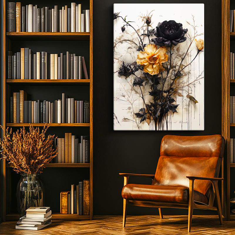 Dikey Kanvas Tablo Siyah Yapraklı Sarı Botanik Çiçek Tablosu Ev Ofis Duvar Dekoru