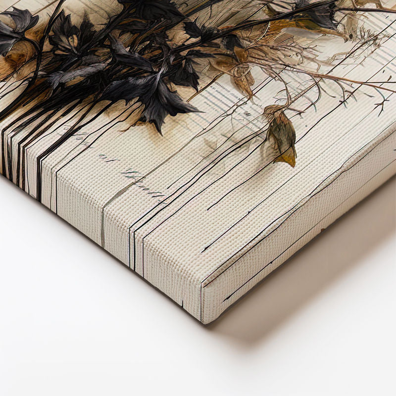 Dikey Kanvas Tablo Siyah Yapraklı Sarı Botanik Çiçek Tablosu Ev Ofis Duvar Dekoru