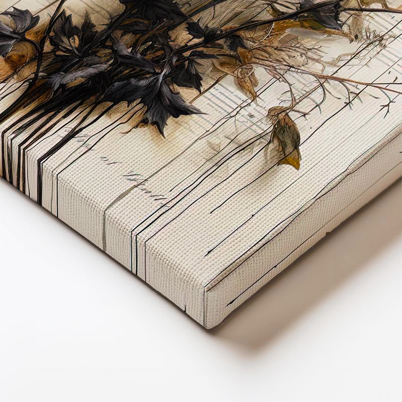 Dikey Kanvas Tablo Siyah Yapraklı Sarı Botanik Çiçek Tablosu Ev Ofis Duvar Dekoru