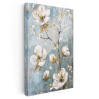 Dikey Kanvas Tablo Altın Yaldız Detaylı Beyaz Dallar Çiçek Tablosu Ev Ofis Duvar Dekoru