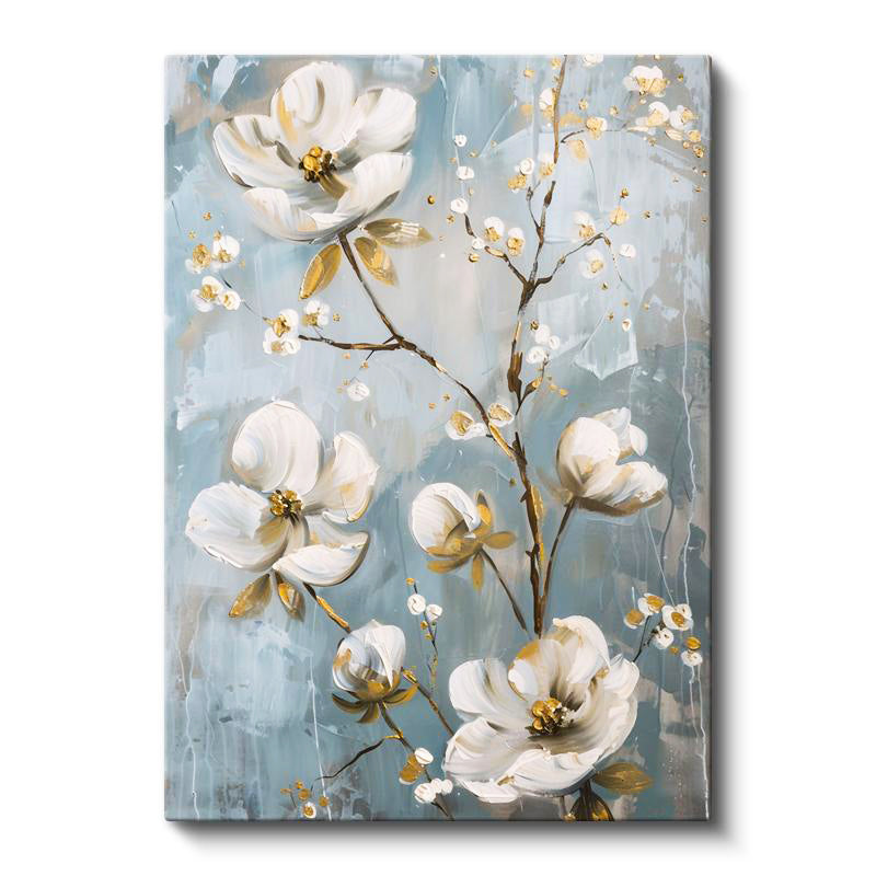 Dikey Kanvas Tablo Altın Yaldız Detaylı Beyaz Dallar Çiçek Tablosu Ev Ofis Duvar Dekoru