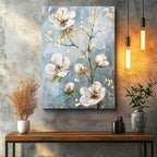 Dikey Kanvas Tablo Altın Yaldız Detaylı Beyaz Dallar Çiçek Tablosu Ev Ofis Duvar Dekoru