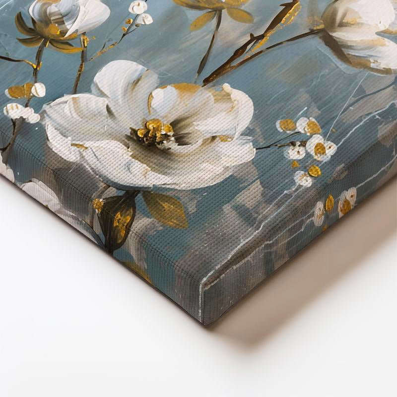 Dikey Kanvas Tablo Altın Yaldız Detaylı Beyaz Dallar Çiçek Tablosu Ev Ofis Duvar Dekoru