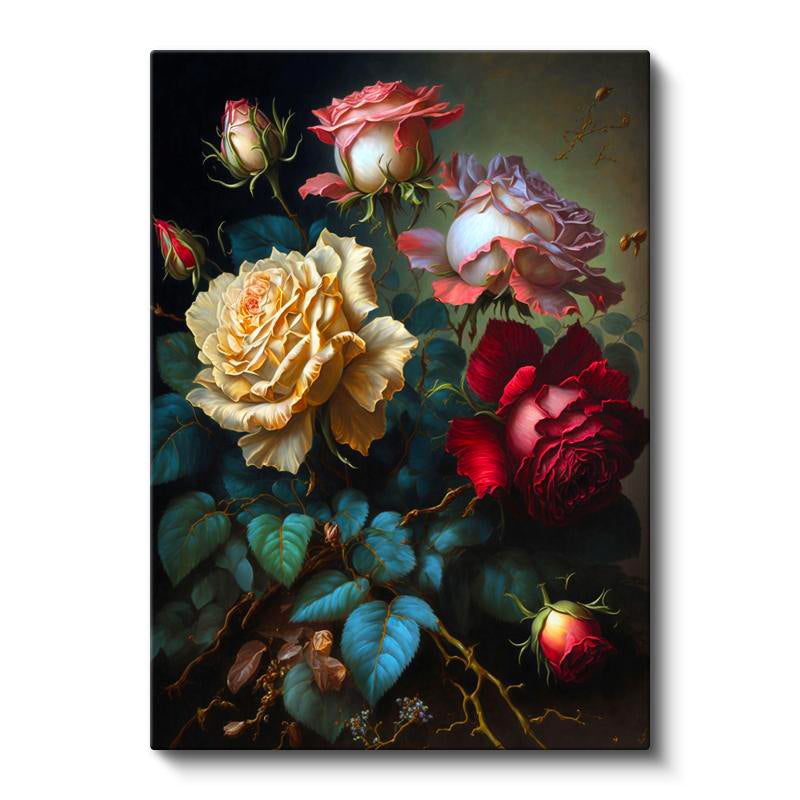 Dikey Kanvas Tablo Klasik Yağlı Boya Görünümlü Güller Çiçek Tablosu Ev Ofis Duvar Dekoru