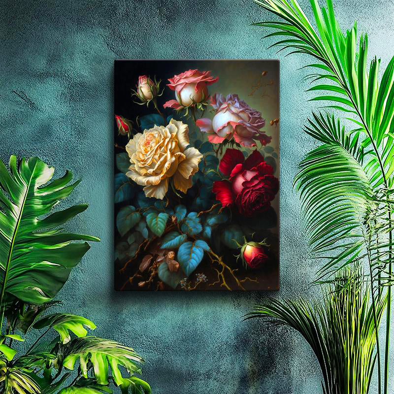 Dikey Kanvas Tablo Klasik Yağlı Boya Görünümlü Güller Çiçek Tablosu Ev Ofis Duvar Dekoru