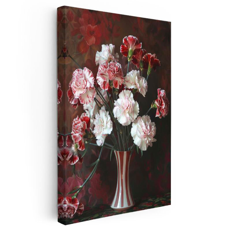 Dikey Kanvas Tablo Vazoda Kırmızı Beyaz Karanfiller Çiçek Tablosu Ev Ofis Duvar Dekoru