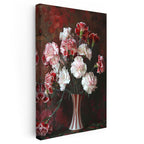 Dikey Kanvas Tablo Vazoda Kırmızı Beyaz Karanfiller Çiçek Tablosu Ev Ofis Duvar Dekoru
