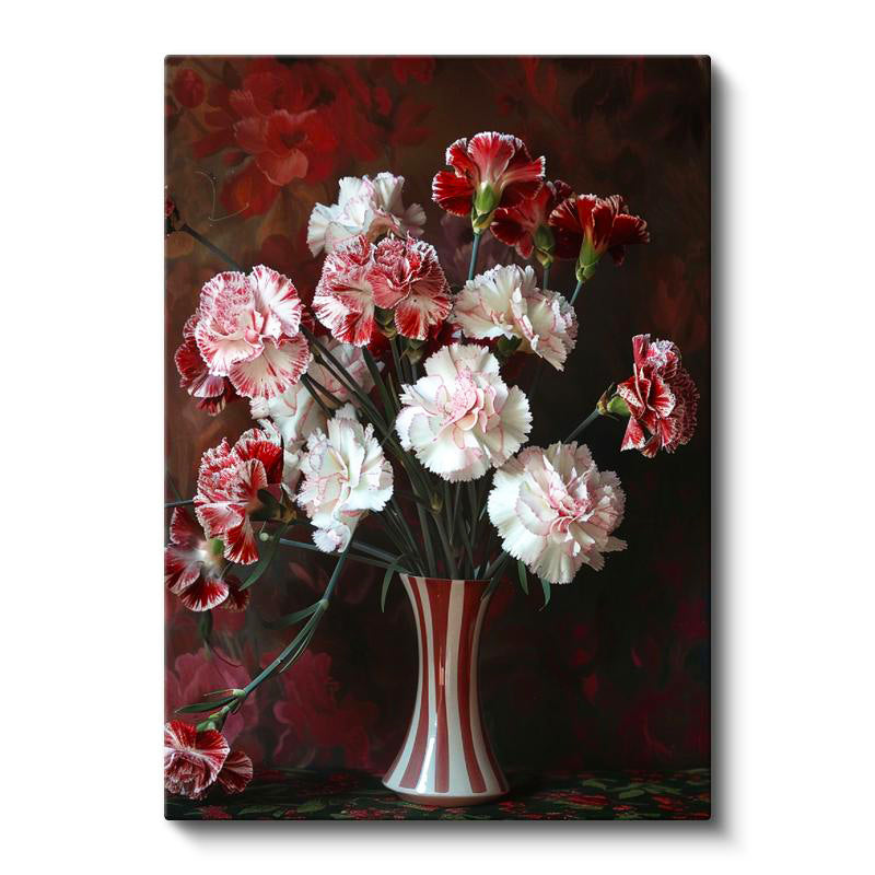 Dikey Kanvas Tablo Vazoda Kırmızı Beyaz Karanfiller Çiçek Tablosu Ev Ofis Duvar Dekoru
