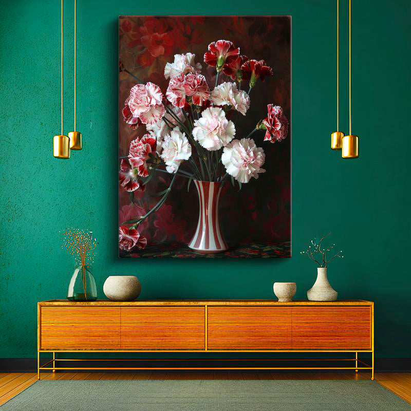 Dikey Kanvas Tablo Vazoda Kırmızı Beyaz Karanfiller Çiçek Tablosu Ev Ofis Duvar Dekoru
