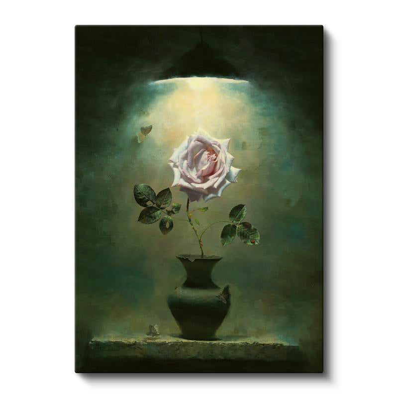 Dikey Kanvas Tablo Loş Işıkta Soluk Pembe Gül Çiçek Tablosu Ev Ofis Duvar Dekoru