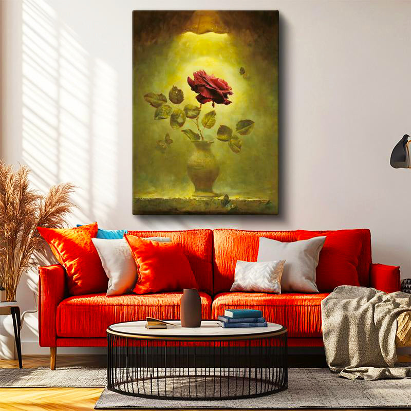 Dikey Kanvas Tablo Kelebekler ve Kırmızı Gül Çiçek Tablosu Ev Ofis Duvar Dekoru