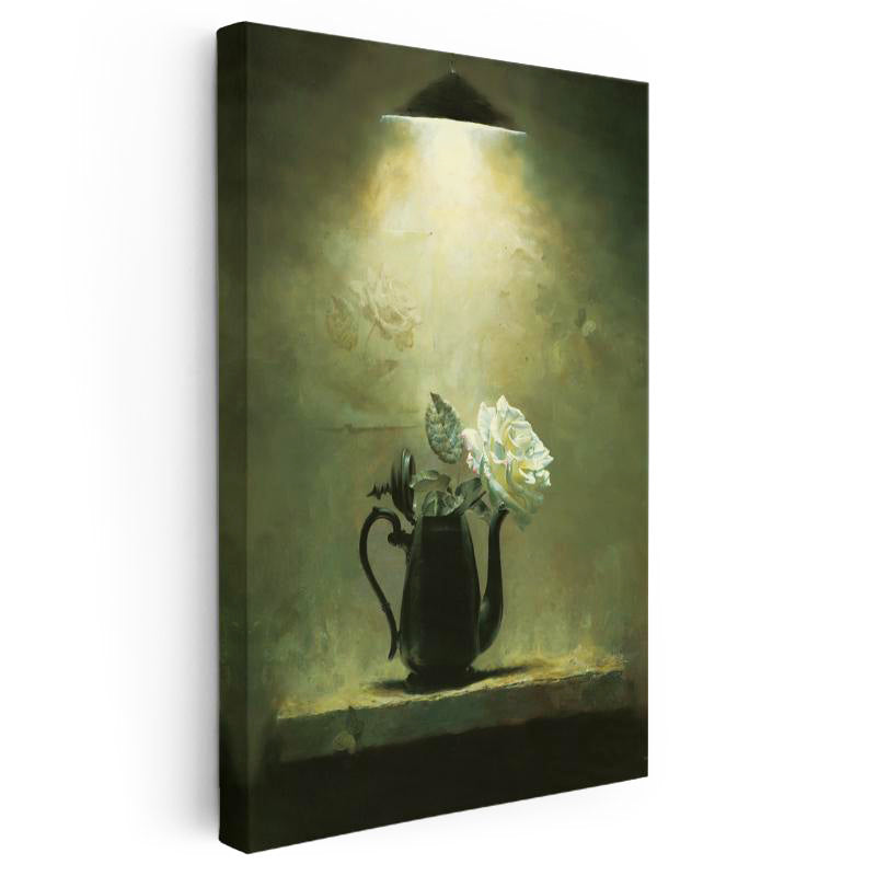 Dikey Kanvas Tablo Siyah Demlikte Beyaz Gül Çiçek Tablosu Ev Ofis Duvar Dekoru