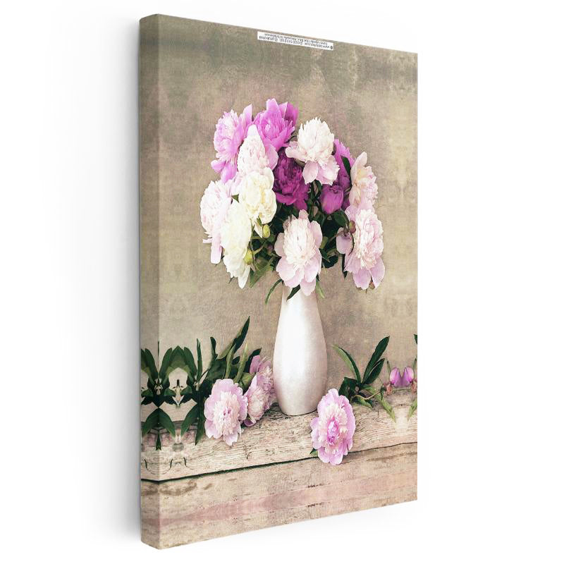 Dikey Kanvas Tablo Beyaz Vazoda Şakayık Buketi Çiçek Tablosu Ev Ofis Duvar Dekoru