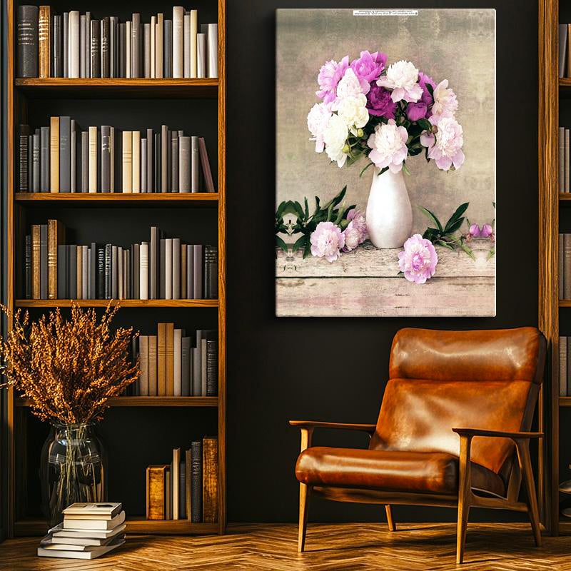 Dikey Kanvas Tablo Beyaz Vazoda Şakayık Buketi Çiçek Tablosu Ev Ofis Duvar Dekoru