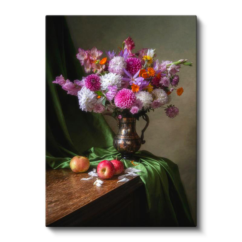 Dikey Kanvas Tablo Bakır Vazoda Mor Çiçek Aranjmanı Çiçek Tablosu Ev Ofis Duvar Dekoru