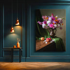 Dikey Kanvas Tablo Bakır Vazoda Mor Çiçek Aranjmanı Çiçek Tablosu Ev Ofis Duvar Dekoru
