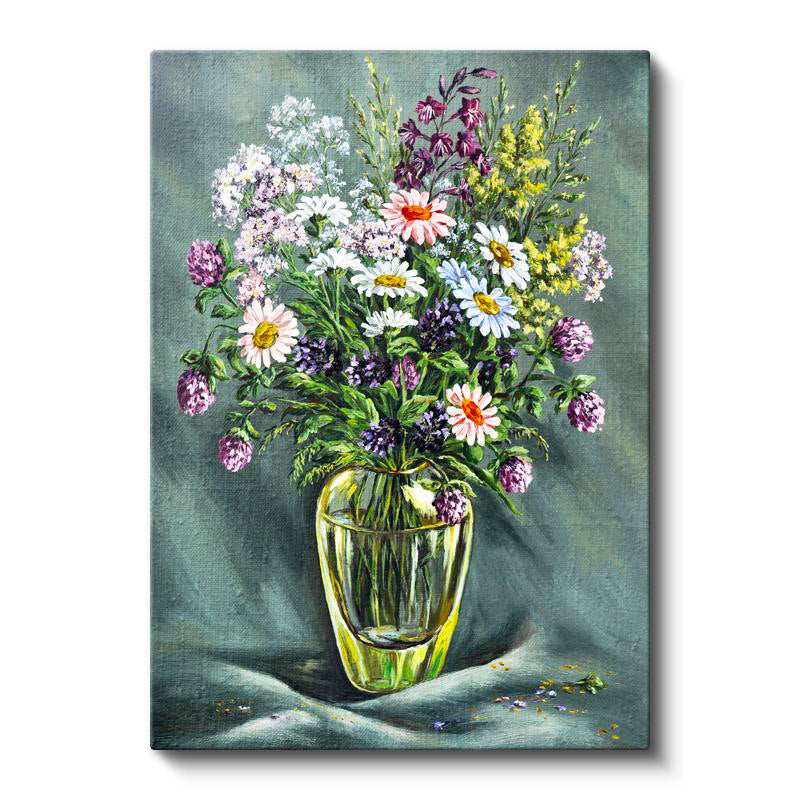 Dikey Kanvas Tablo Cam Vazoda Toplanmış Kır Çiçekleri Çiçek Tablosu Ev Ofis Duvar Dekoru