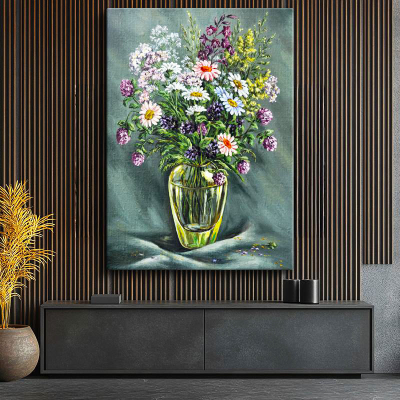 Dikey Kanvas Tablo Cam Vazoda Toplanmış Kır Çiçekleri Çiçek Tablosu Ev Ofis Duvar Dekoru