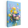 Dikey Kanvas Tablo Mavi Vazoda Sarı ve Pembe Çiçekler Çiçek Tablosu Ev Ofis Duvar Dekoru