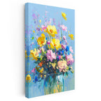 Dikey Kanvas Tablo Mavi Vazoda Sarı ve Pembe Çiçekler Çiçek Tablosu Ev Ofis Duvar Dekoru