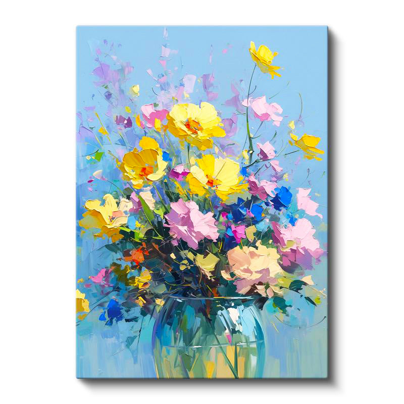 Dikey Kanvas Tablo Mavi Vazoda Sarı ve Pembe Çiçekler Çiçek Tablosu Ev Ofis Duvar Dekoru