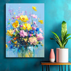 Dikey Kanvas Tablo Mavi Vazoda Sarı ve Pembe Çiçekler Çiçek Tablosu Ev Ofis Duvar Dekoru
