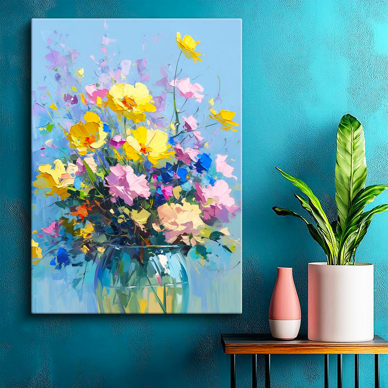 Dikey Kanvas Tablo Mavi Vazoda Sarı ve Pembe Çiçekler Çiçek Tablosu Ev Ofis Duvar Dekoru